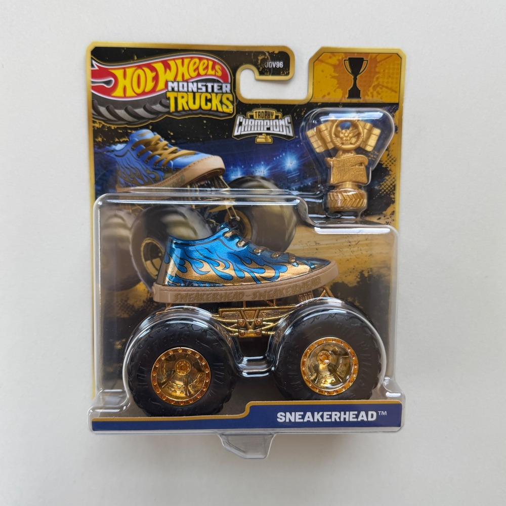 Hot Wheels Monster Trucks Sneakerhead Trophy Champions Blue Gold Flame JDV96 NEW